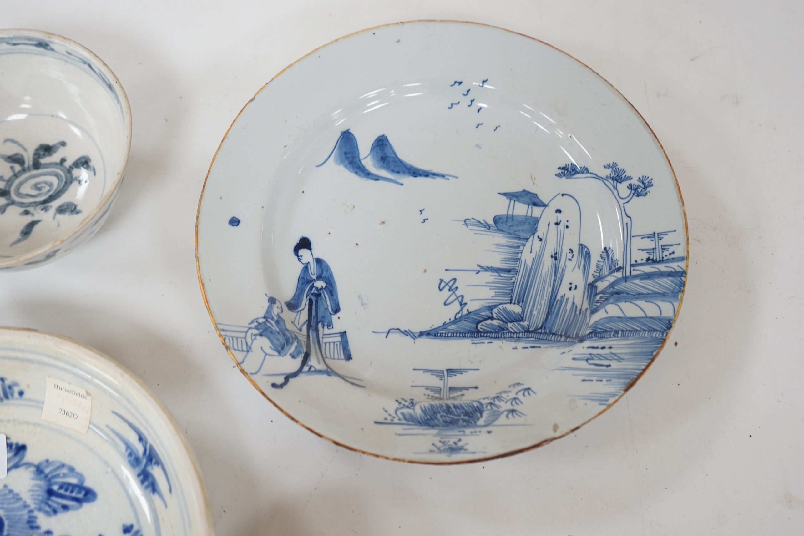 Three 15th century pieces from the Saga Visal Hoi-an hoard Vietnamese shipwreck and a delft dish, 26cm. Condition - commensurate with age